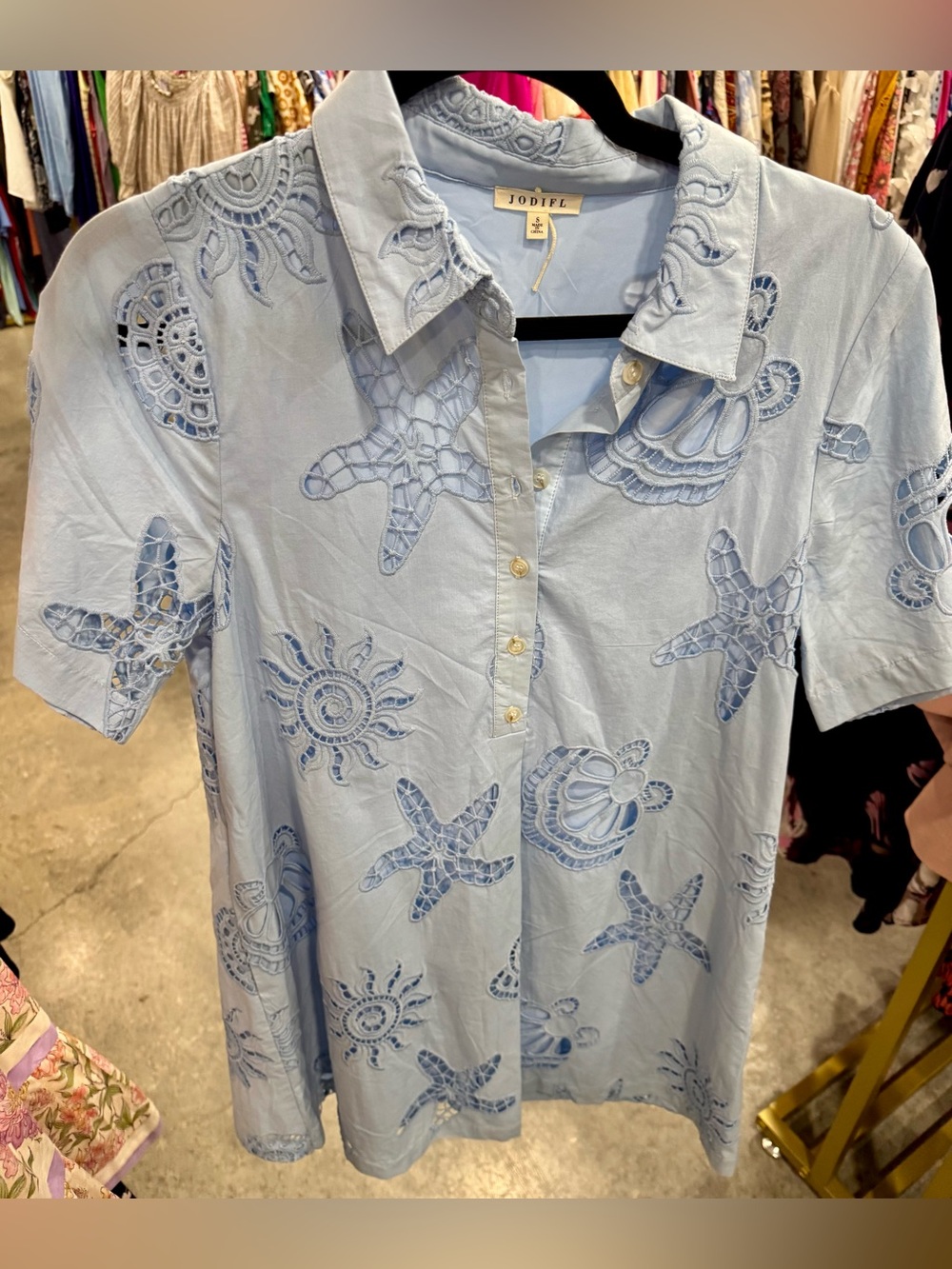 JODIFL Pale Blue Embroidered Sea Motif Polo Dress